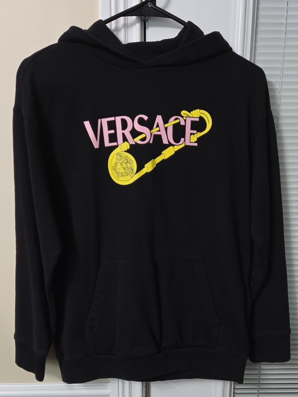 Versace Black Hoodie with Pink Logo and Yellow Medallion
